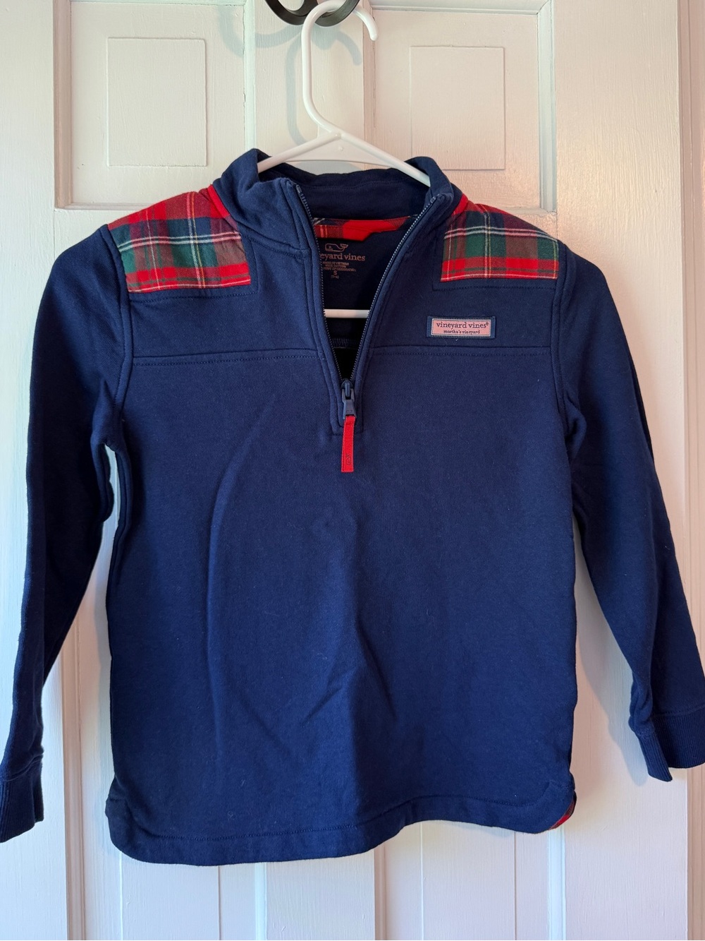 Vineyard Vines Kids Navy Quarter-Zip Pullover with Red Tartan Accents Size 7-8